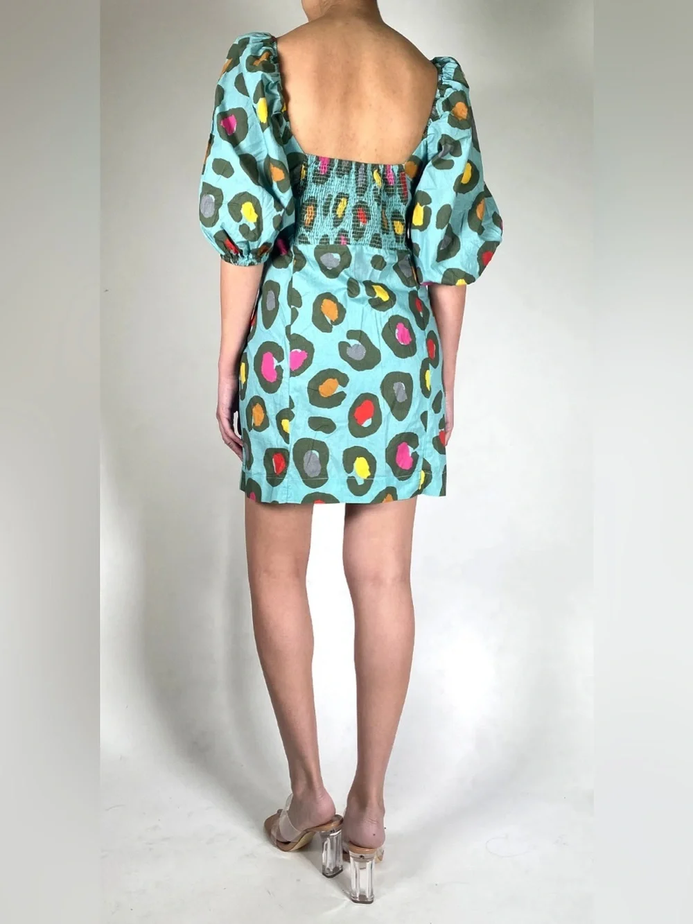 FARM Rio Turquoise Puff-Sleeve Mini Dress with Abstract Spot Print (121)